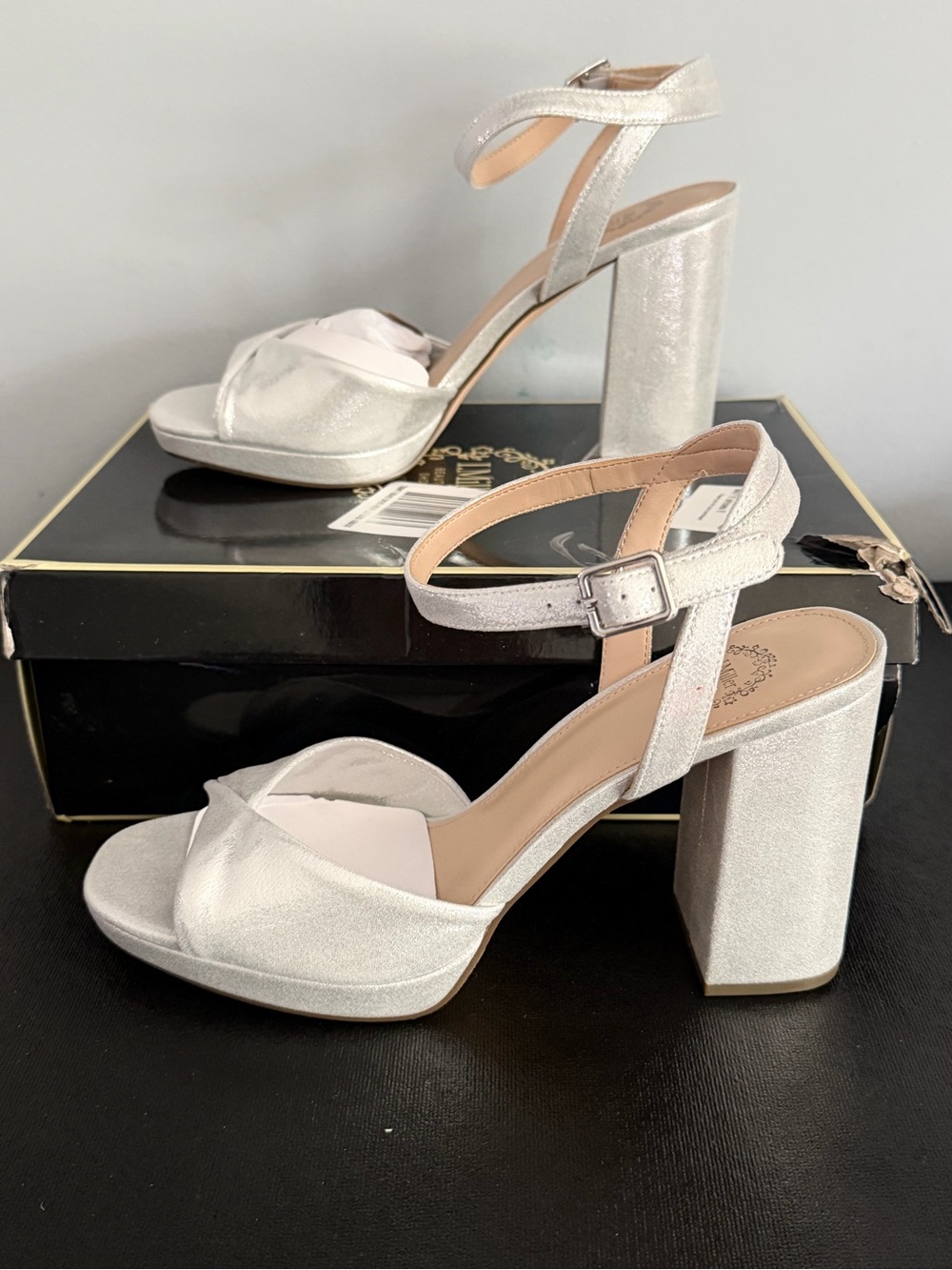 Shimmer Block-Heel Ankle-Strap Sandals — Silver